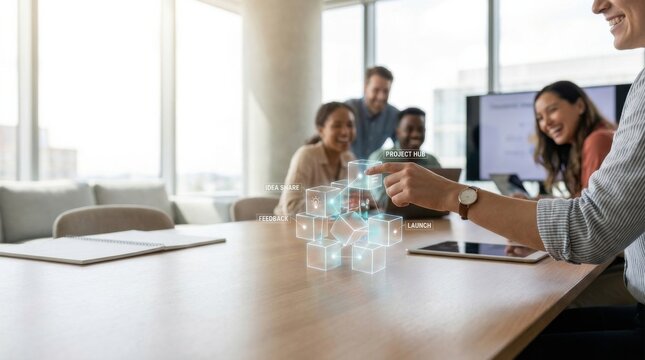 Person engaging with a virtual interface in a modern team collaboration setting with emphasis on technology