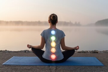 Fototapeta premium The person meditating on a lakeside yoga mat with colorful chakra lights