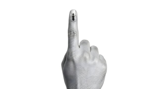 Ink marked finger raised on white background showing voter participation democratic election identity verification civic duty polling day political choice and responsible citizen voting concept