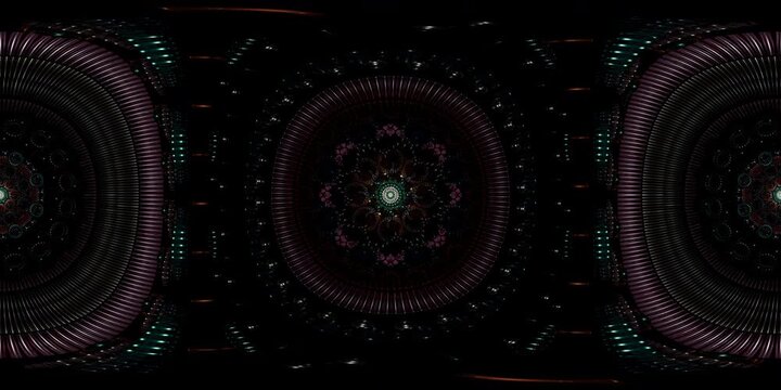 Spiritual mandala VR 360 loop structured in sacred geometry as equirectangular environment map and HDRI spherical dome visual for immersive metaverse environments and VJ stages