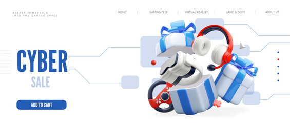 Cyber sale vector landing page shop advertising 3D design, game devices with gift boxes, vr glasses game soft technology © sabelskaya