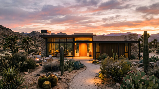 A contemporary desert home with expansive windows and clean lines stands illuminated against a vibrant sunset sky, surrounded by arid landscape with diverse cacti and succulents.