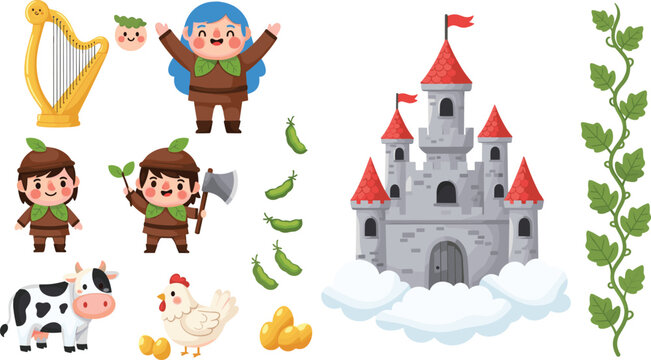 Jack and the Beanstalk Fairy Tale Vector Element Set with Cute Characters, Castle in Clouds, Magic Beans, Cow, and Golden Eggs