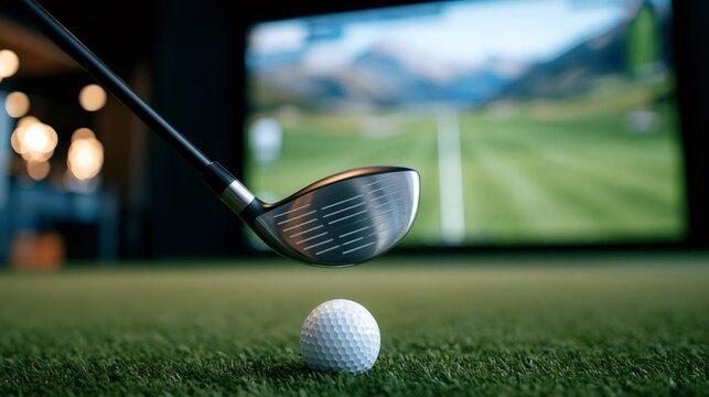 Golf club head positioned above a golf ball on artificial turf, preparing to hit with a virtual course displayed on a large screen in the background, simulating an indoor golf experience