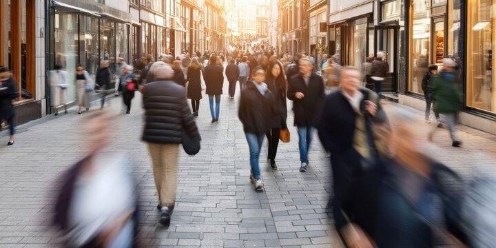 The crowd of blurred pedestrians walking along a bustling city shopping street at dusk