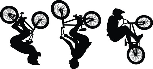 Fototapeta premium Silhouette collection of BMX riders performing freestyle bicycle stunts and tricks isolated on light background