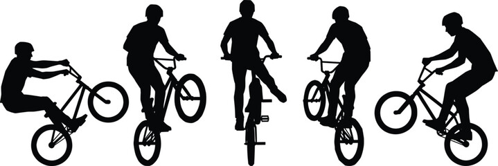 Fototapeta premium BMX rider silhouette collection performing freestyle bicycle tricks isolated on gray background for extreme sports design