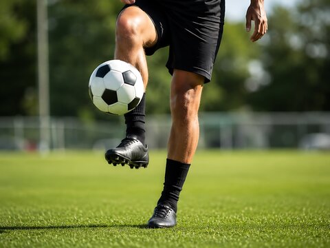 Football player dribbling soccer ball during outdoor practice