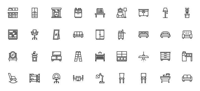 Furniture icon set. Minimal line art vector icons pack. Home furniture icon set. Featuring kitchen, cabinet, fireplace, sofa, desk, bed, lamp and more. Editable vector stroke.
