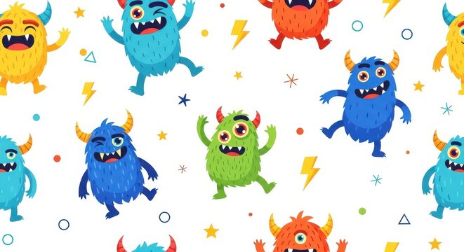 Seamless Pattern with Cute Colorful Furry Monsters and Geometric Shapes for Kids Textile and Wallpaper Design