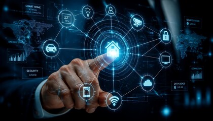 Fototapeta premium Hand Touching Glowing Connection Node in IoT Network Hologram