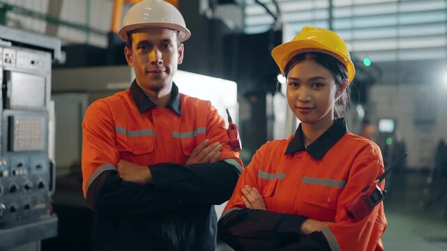 Industrial Professionals: A male and female worker in matching orange uniforms and hard hats stand confidently with arms crossed in a factory setting.