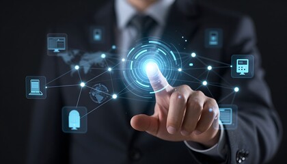 Fototapeta premium Hand Touching Glowing Connection Node in IoT Network Hologram