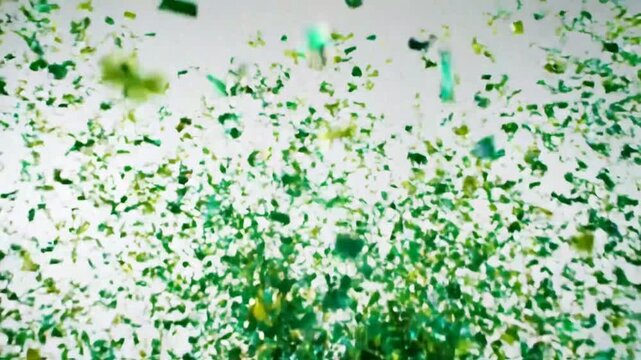 Exploding Green and Yellow Confetti Rising into the Air on a White Background for Celebrations
