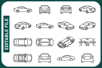 Car icons set. The car from different sides. Side view, back, front, bottom, inside. linear icon collection. Line with editable stroke © Minara