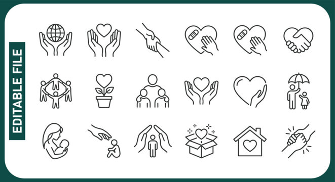 Care, support icons set. Help in a difficult life situation, icon collection. Helping hand, heart, keeping alive, hugs. Line with editable stroke