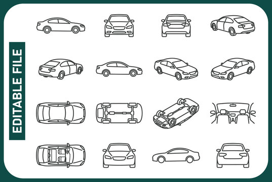 Car icons set. The car from different sides. Side view, back, front, bottom, inside. linear icon collection. Line with editable stroke