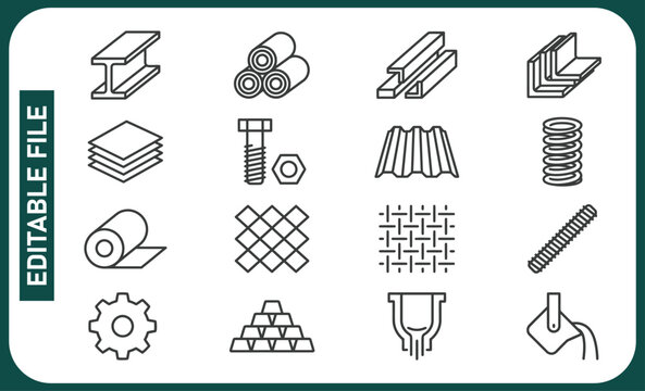 Metal products icons set. Fabrication of metal raw materials, parts, linear icon collection. T-beam, tube, channel, angle, hardware, bending, spring, mesh, metal bar, gear, casting. Line with editable