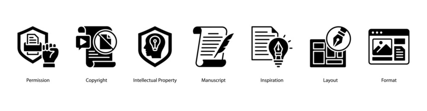Creative Works web banner icon vector illustration featuring Permission, Copyright, Intellectual Property, Manuscript, Inspiration, Layout, and Format.