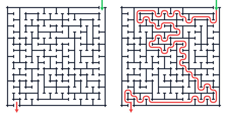 Square maze puzzle game with solution path printable activity worksheet for kids and educational learning vector illustration