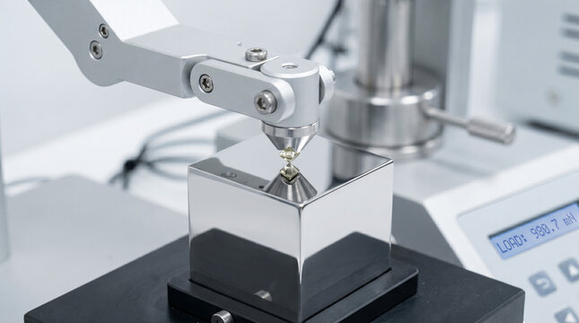 Precision robotic arm measuring reflective metal cube using advanced sensor in modern laboratory