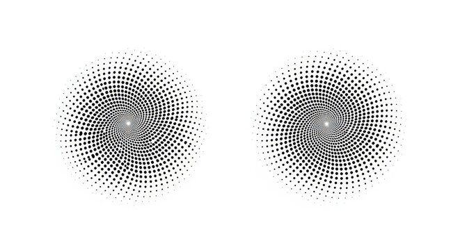 Black Halftone Spiral Dot Pattern Set Isolated on White Background - Circular Vortex Graphic Design Elements