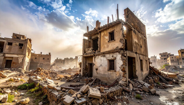 Destroyed building in a war-torn city with rubble and debris scattered around, a desolate