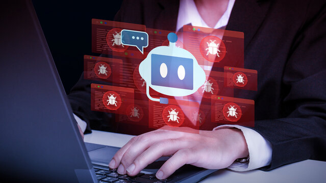AI Assistant Fighting Cyber Threats: An AI chatbot hologram emerges from a laptop screen, symbolizing a defense against digital bugs and online security threats.