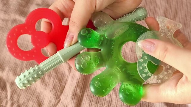 Teethers for children in women's hands against the background of children's teethers. Teething period in children.