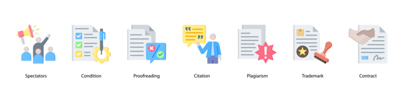 Legal and Publishing web banner icon vector illustration featuring Spectators, Condition, Proofreading, Citation, Plagiarism, Trademark, and Contract.