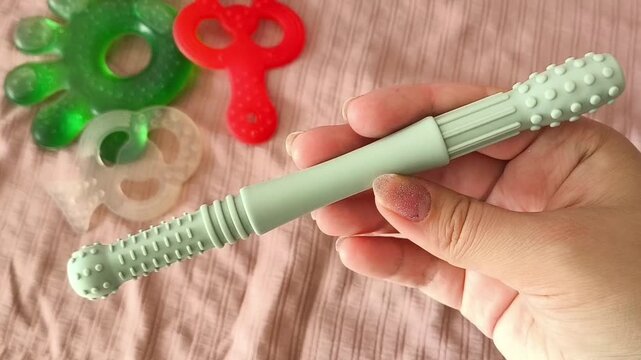 Teether for children in a woman's hand against the background of a crib
