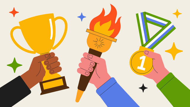 hands holding a golden trophy olympic torch and first place medal colorful illustration