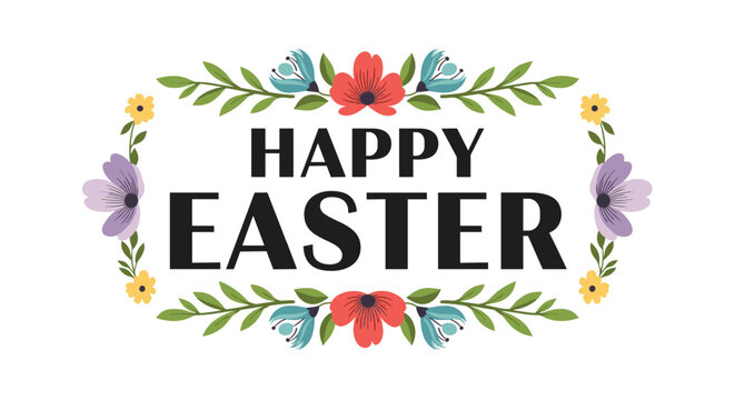 Elegant Happy Easter greeting card design with bold black text framed by a delicate colorful floral and leaf wreath.