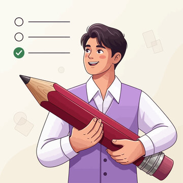 A smiling young man holds a large pencil and a red book happily indoors