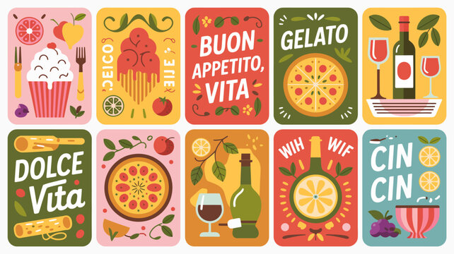 Colorful italian food and drink illustrations in square frames vibrant vector design