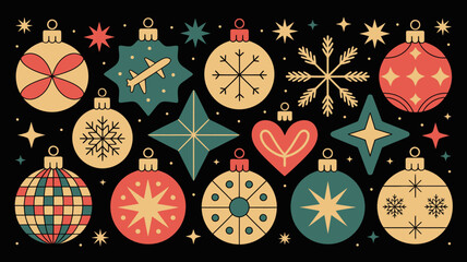 Festive christmas ornaments collection stylized vector illustration with winter and travel themed decorations on black © Iconhub