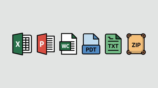 file format icons set displaying excel powerpoint word pdf text and zip files