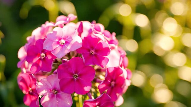 Pink phlox flowers blooming in a summer garden with warm golden sunlight bokeh background