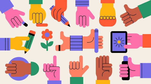 Colorful hand illustrations with various gestures and objects flat vector style