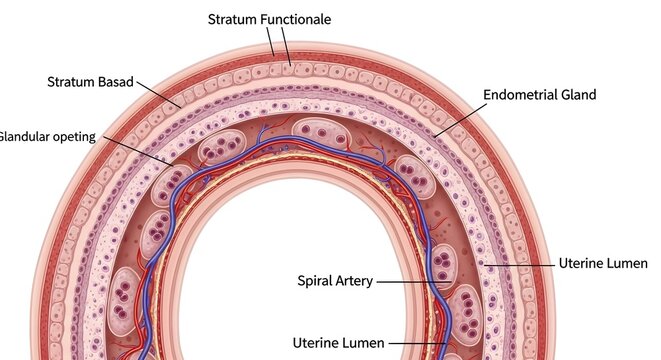 Ultrastructural Anatomy of the Uterine Wall: Detailed Cross‑Section of the Endometrium Showing Stratum Functionale, Stratum Basale, Endometrial Glands, Spiral Arteries and Uterine Lumen for Histology 