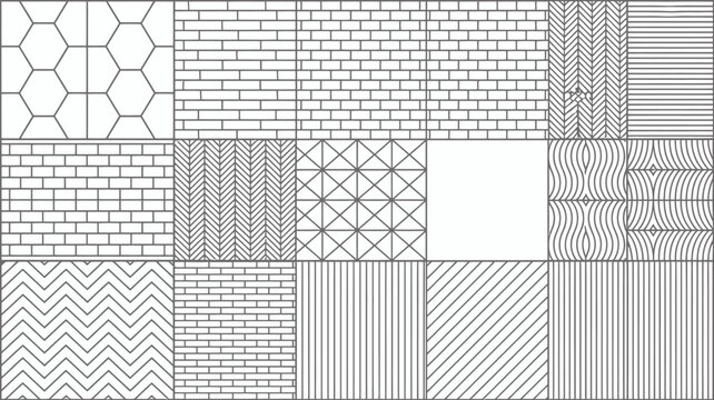 Geometric pattern collection with varied linear designs black and white vector illustration