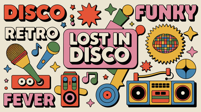 retro disco themed illustration with vintage music equipment and colorful typography
