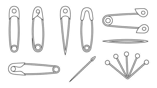 Line drawing of safety pins sewing needle and pins with a white background