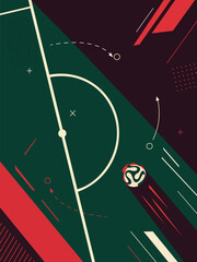 Soccer Tactics Board: An abstract representation of a soccer field, showcasing strategic plays and movement with a ball in motion. Ideal for sports analysis or graphic design. © Gwith Boss
