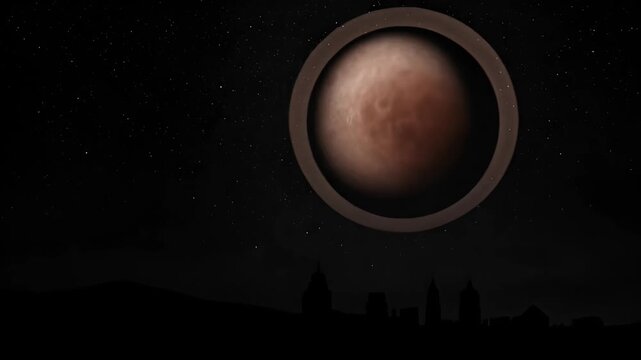Celestial event of moon eclipse sequence with full moon transformation to blood moon over city silhouette night sky with stars astronomical phenomenon concept