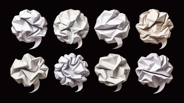 crumpled paper balls collection various shades of white and beige against black