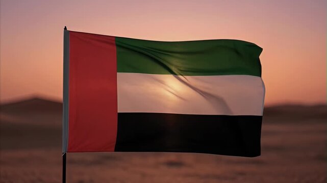 Flag of United Arab Emirates waving in desert against vibrant sunset sky with sand dunes in background, symbolizing national pride and Middle East culture