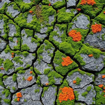 Cracked stonework covered in lush green moss and orange lichen, lichen, natural