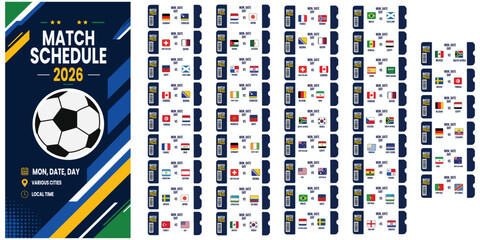 2026 World Cup Match Schedule Graphic: A visually dynamic graphic showcasing the complete match schedule for the 2026 World Cup, featuring a prominent soccer ball icon and organized game listings. © Gwith Boss