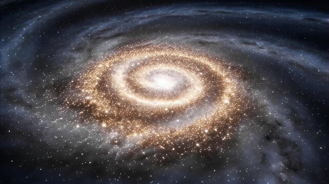 Vibrant spiral galaxy in dark expanse of space, bright glowing core at center, blue swirling arms with countless stars, cosmic nebulae and interstellar dust rotating through universe